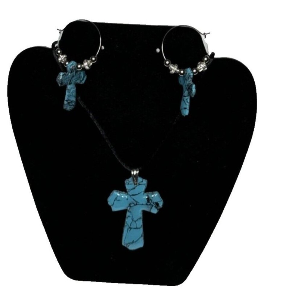 Polymer Clay Faux Turquoise Cross Necklace & Hoop Earring Set Handmade